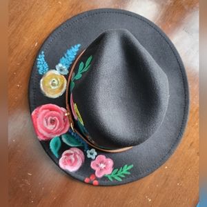 SOLD Suede Panama Hat. Painted Hat Floral Design. Hand Painted Hat.